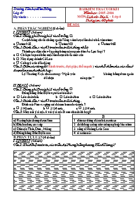 Đề kiểm tra học kỳ I môn Lịch sử & Địa lí Lớp 4 - Năm học 2015-2016 - Trường Tiểu học Kim Đồng